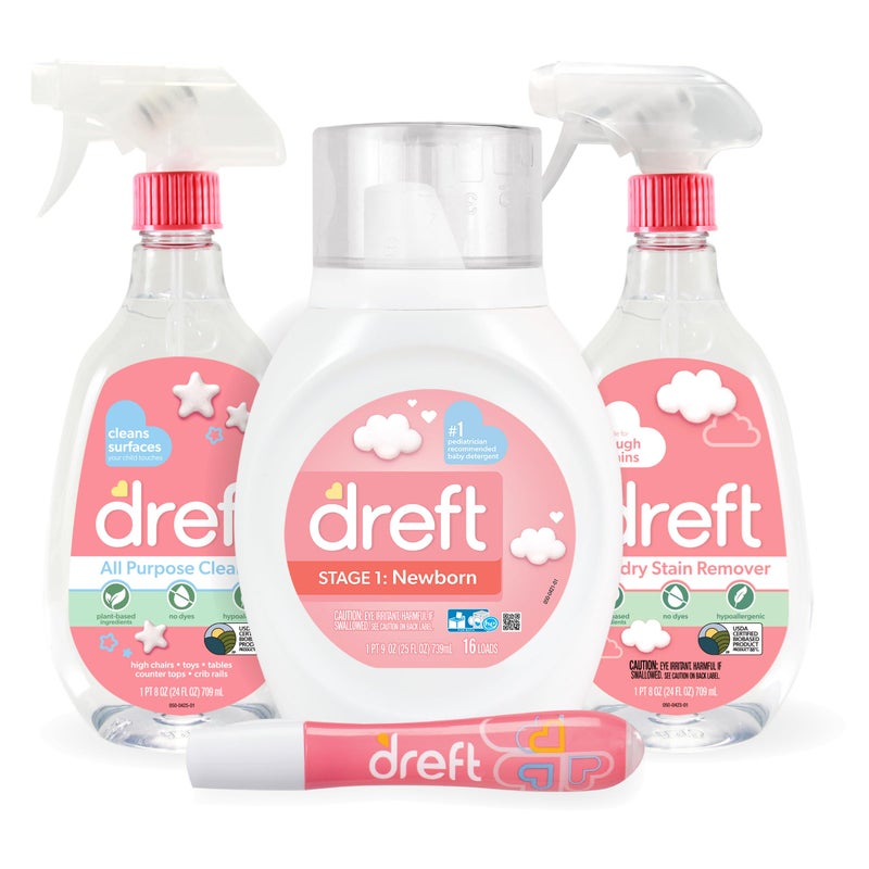 Dreft طقم هدايا للأطفال من دريفت، طقم هدايا للأطفال والأمهات مع سائل منظف الغسيل، مزيل بقع الغسيل، قلم مزيل البقع ورذاذ منظف متعدد الاستخدامات، رائع لحفلات استقبال المواليد - Image 1